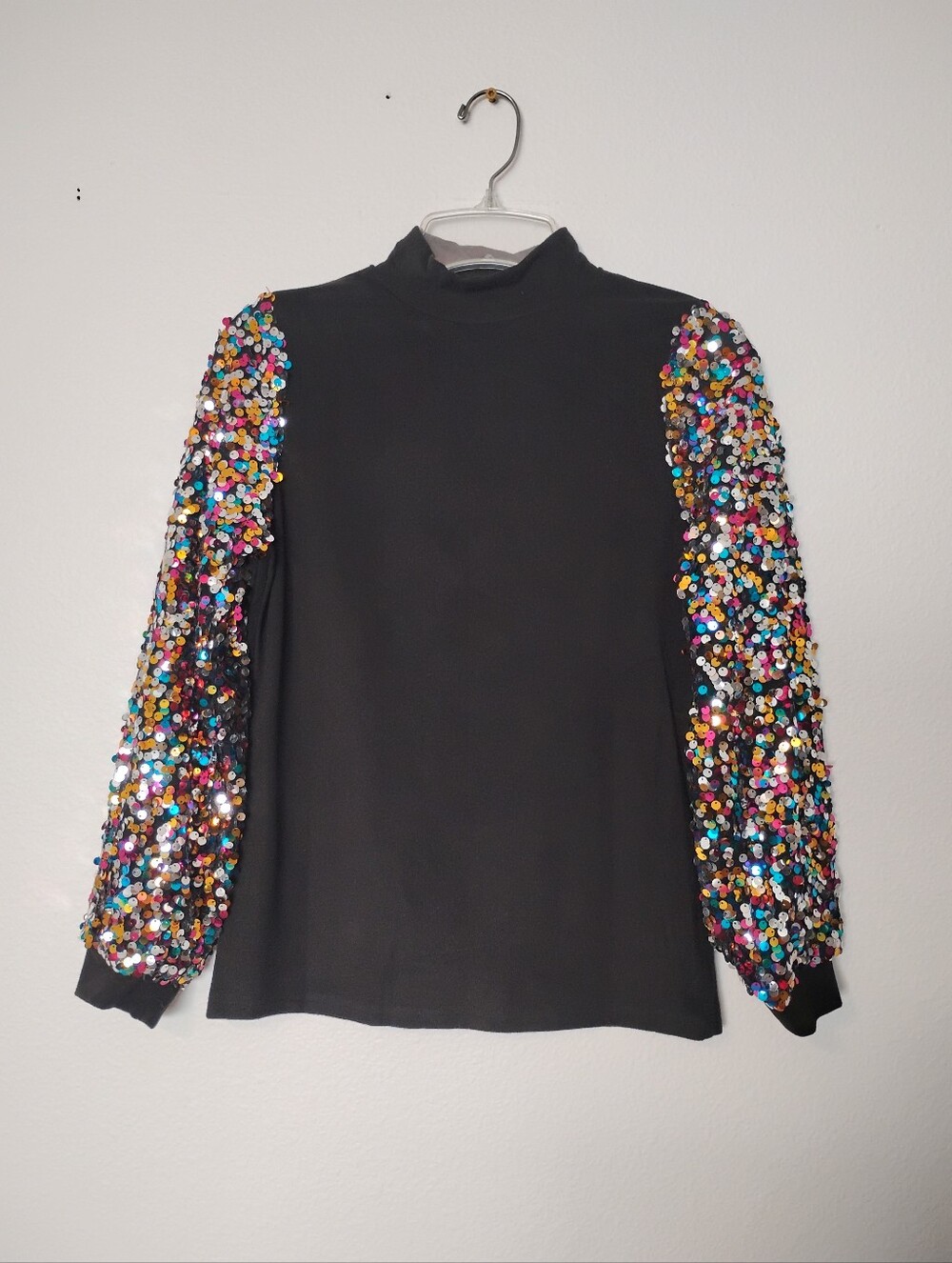 Fleece Multicolor Sequin Long Sleeve Mock Neckline New Years Party